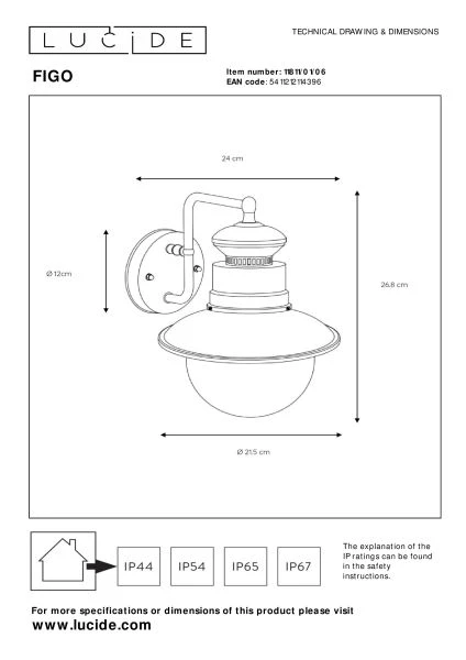 Lucide FIGO - Applique murale Intérieur/Extérieur - Ø 21,5 cm - 1xE27 - IP44 - Zinc - technique